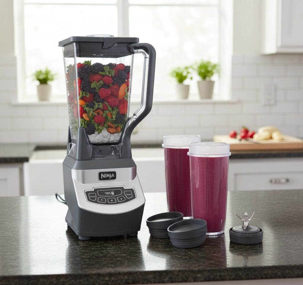 The Ninja BL660 Professional Compact Blender with its food processor and smoothie cup attachments.