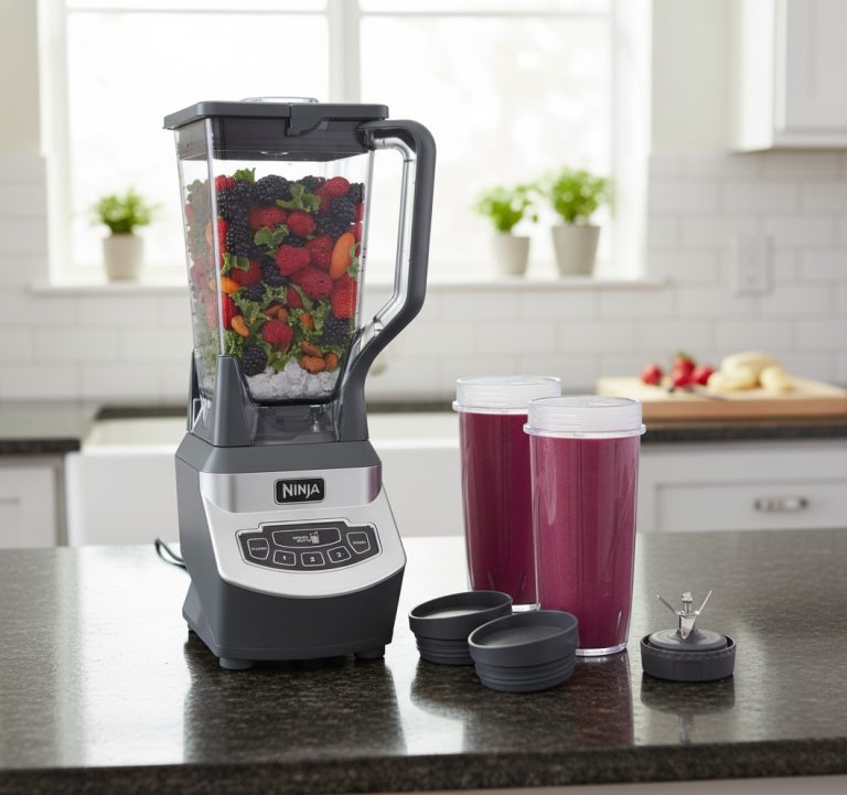 The Ninja BL660 Professional Compact Blender with its food processor and smoothie cup attachments.