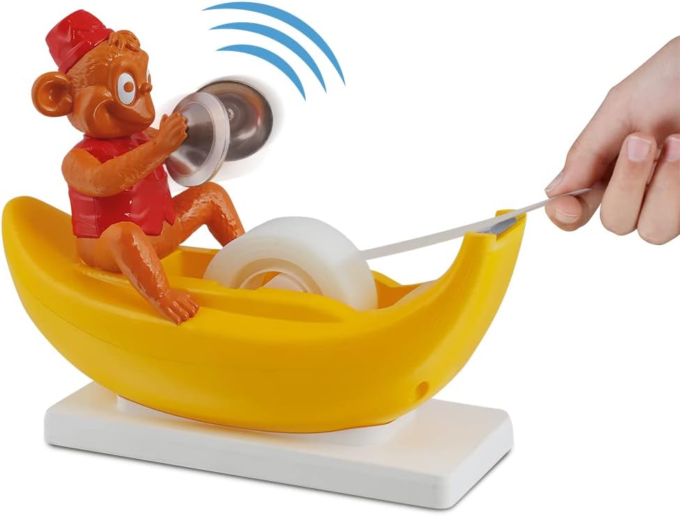 Clapping monkey tape dispenser with honest noise disclosure
